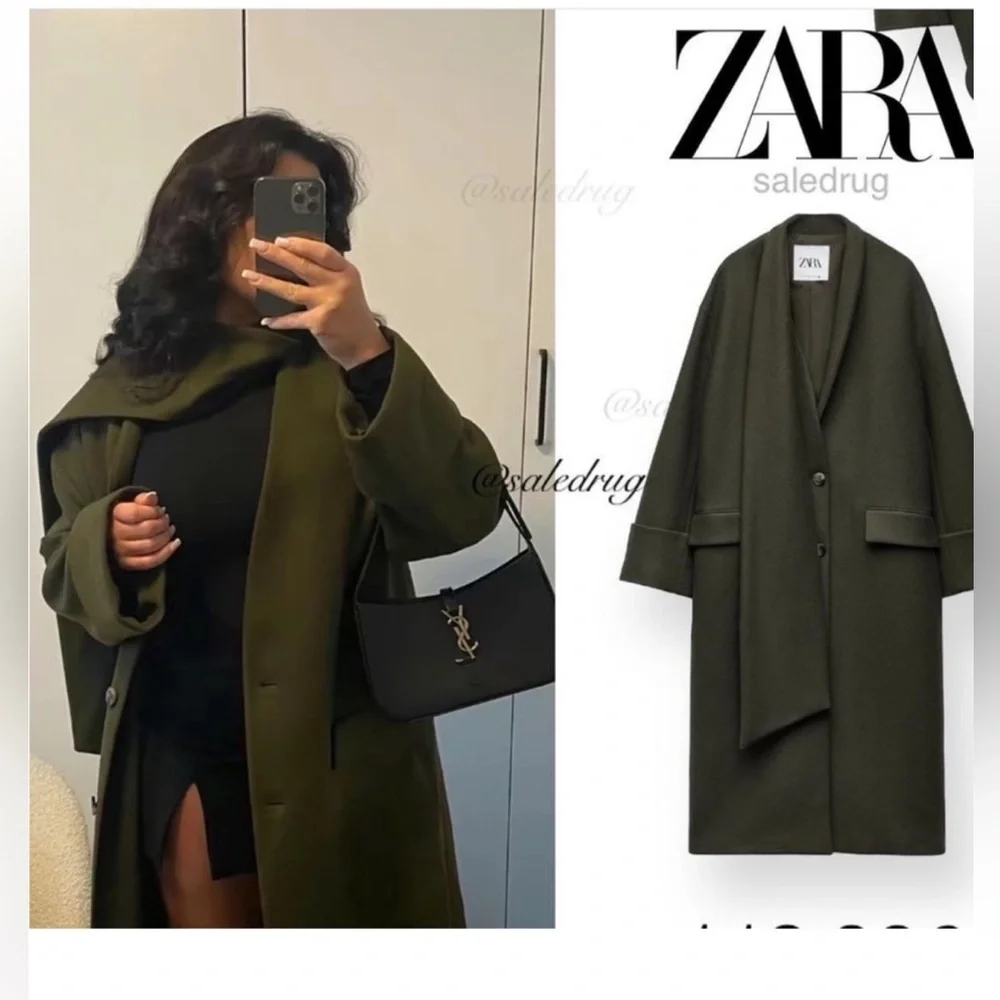 ZARA KHAKI MANTECO WOOL SCARF COAT ZW COLLECTION
